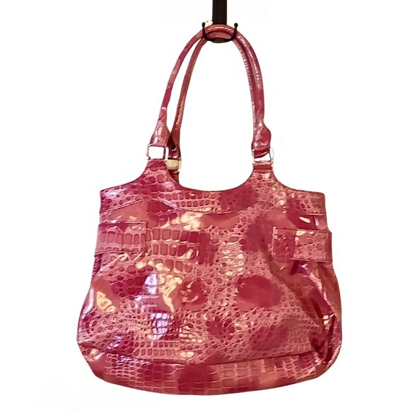 Y2K Womens Patent Leather Tote Handbag Croc Embossed Double Handle Barbiecore - Picture 3 of 4